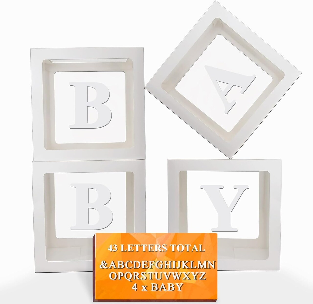 Baby Boxes with Letters, Clear Balloon Boxes for Baby Shower, White Transparent Block Babyboy Letter Boxes for Gender Reveal Party Decor, 4 PCS